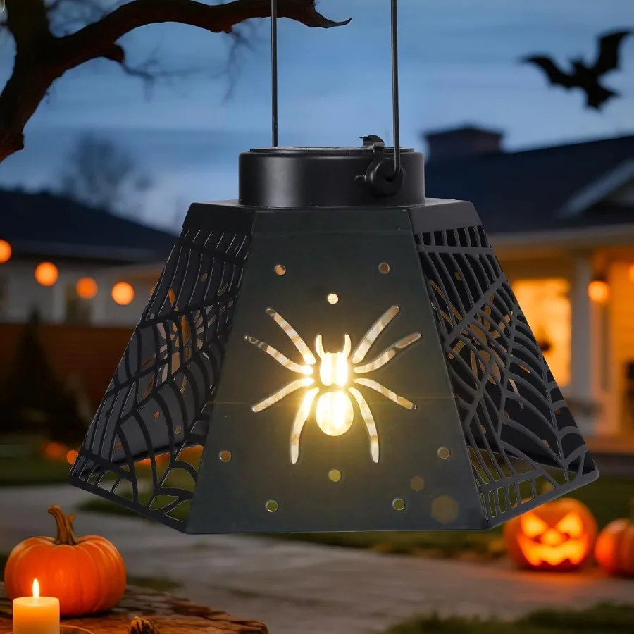2 Pack Halloween Solar Lantern with Spider Web Design Outdoor Hanging LED Light for Yard Patio Garden Waterproof Metal Decorati