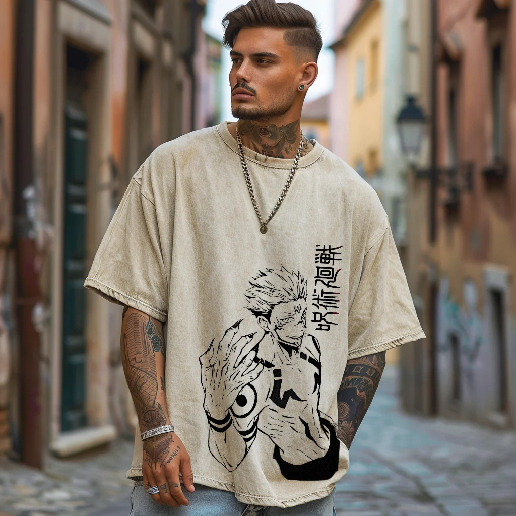 Camiseta lavada de gran tamaño para hombres y mujeres, camisa de Anime Jujutsu Kaisen Y2K, Suguru Geto, ropa de calle Vintage, Camiseta corta lavada