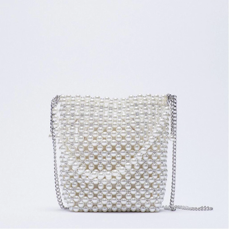 

New Pearl Beaded Bag White Beaded Fairy Portable Messenger Bags with Chain Female Purses and Handbags Cross Body Bag Woman