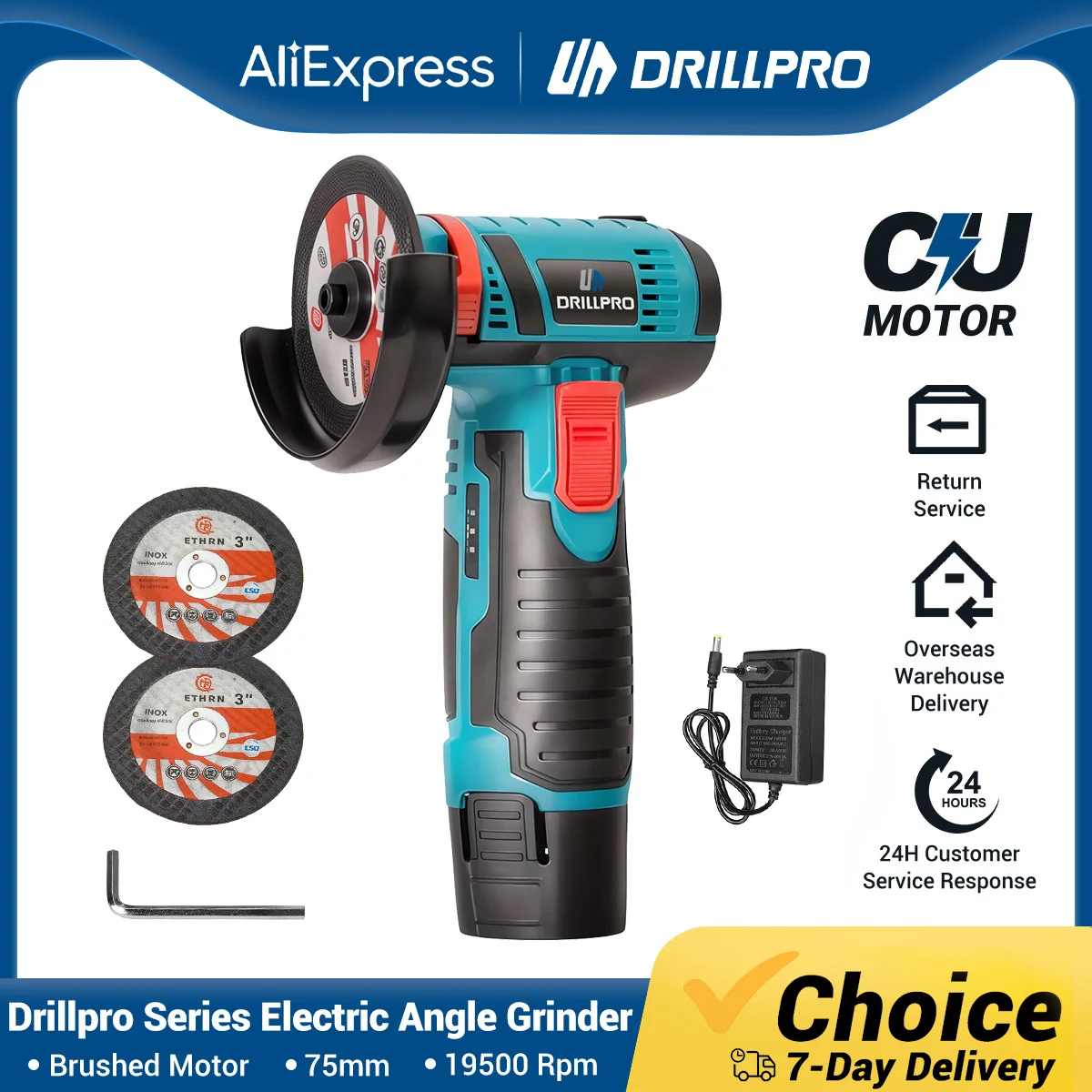 

DrillPro 75mm Angle Grinder Household Rechargeable Polishing Cutting Machine Electric Grinder with Polisher Saw Blade Power Tool