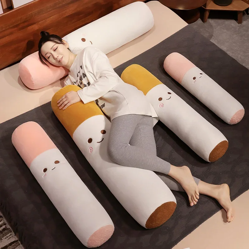 

45~105cm Soft Stuffed Long Cigarette Pillow Stuffed Brown Pink Smiling Cute Face Sleeping Bolster Leg Support Plushie Peluche