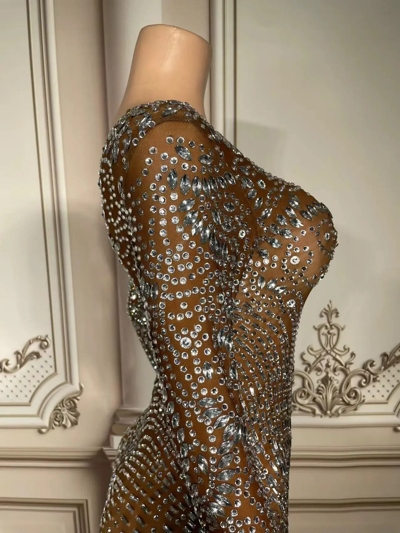 Diamond Dress Show girl costume Party Outfit Silver Crystals Black Feather Evening Birthday Celebrate Dress Stretch Outfit