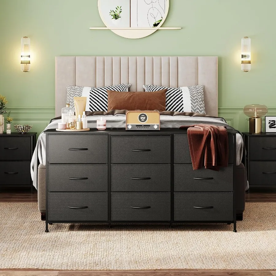 Cômoda preta para quarto, 54 polegadas, suporte de tv para tv de 55 60 65 polegadas, cômoda larga com 9 gavetas, grande entretenimento c