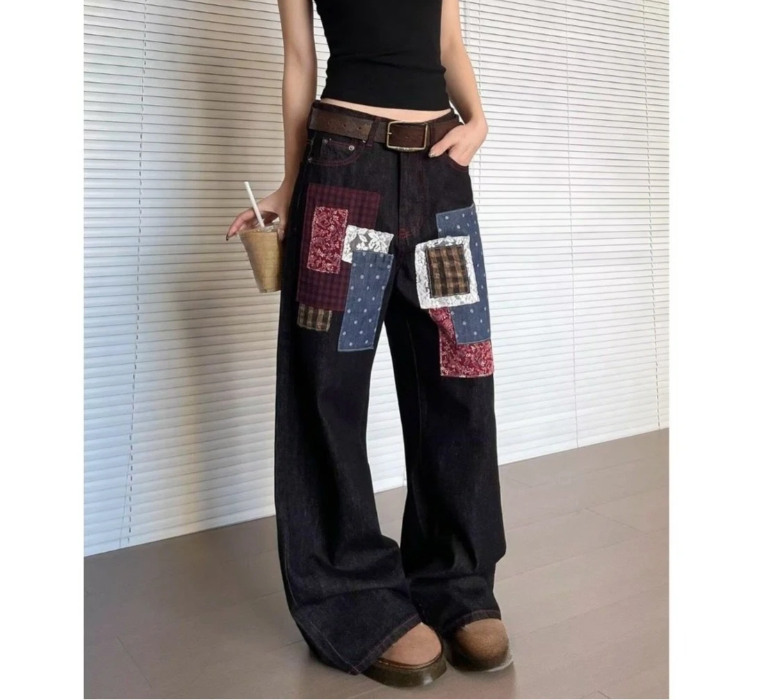 

Black jeans American retro splicing personalized patchwork trousers high-waisted floor-length hip-hop trousers casual trendy