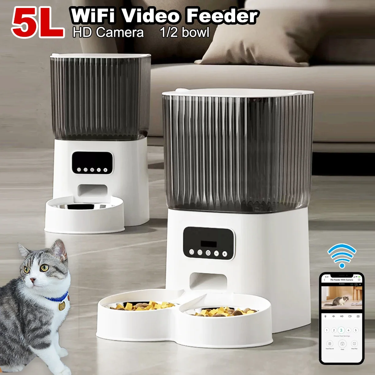 5L Automatic Feeder for Cat Remote Control Camera HD Smart Interactive WiFi Timer Auto Feed Dispenser Puppy Bowl Cat Accessory