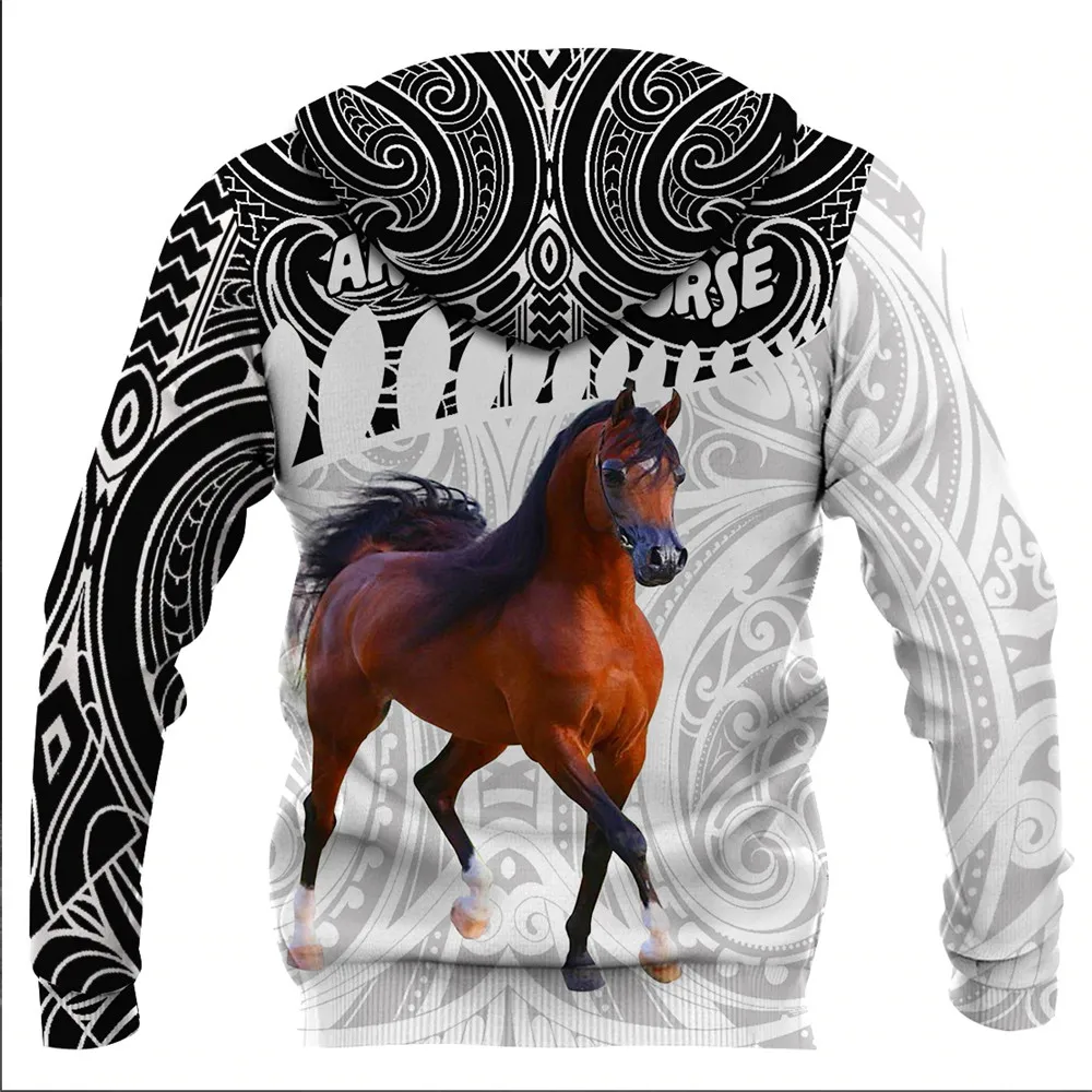 HX Animals Hoodies 3D Graphic Totem Horse Stallion Tattoo Pattern Sweatshirts Casual Pocket Sportswear Harajuku Men Hoodie