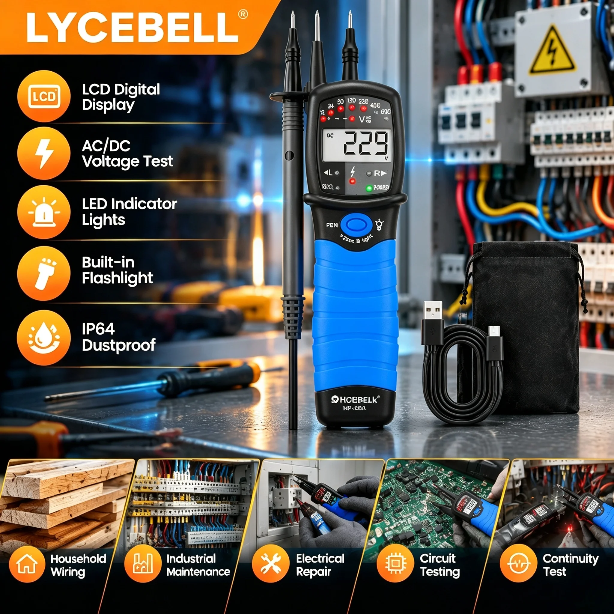 HoldPeak 38A 2-Pole Voltage Tester 12-690V AC/DC LCD Display Phase Rotation Continuity Auto Hold CAT III 690V