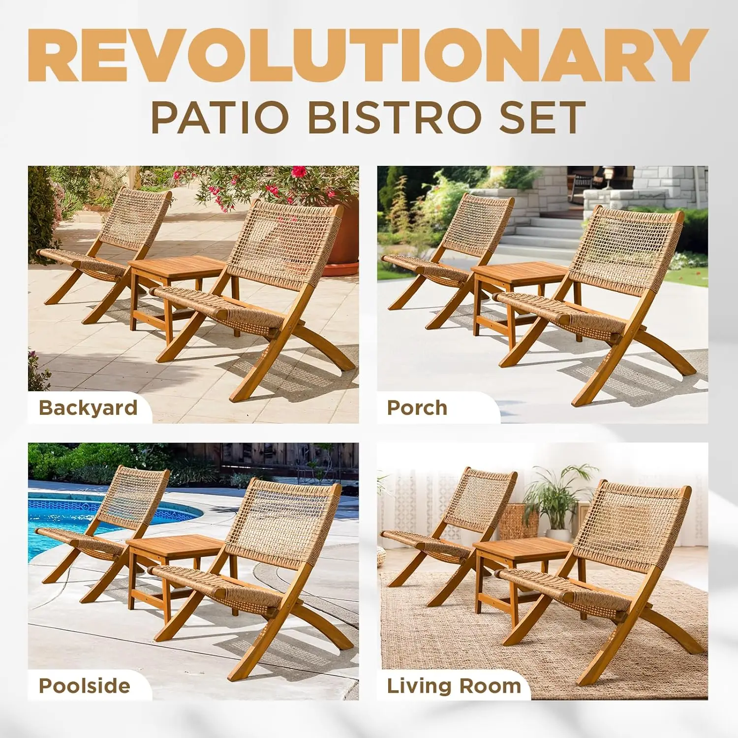 400lbs Capacity Twisted Wicker Foldable Reclining Bistro Set of 3 FSC Certified Acacia Wood Patio Furniture Set for Outdoor