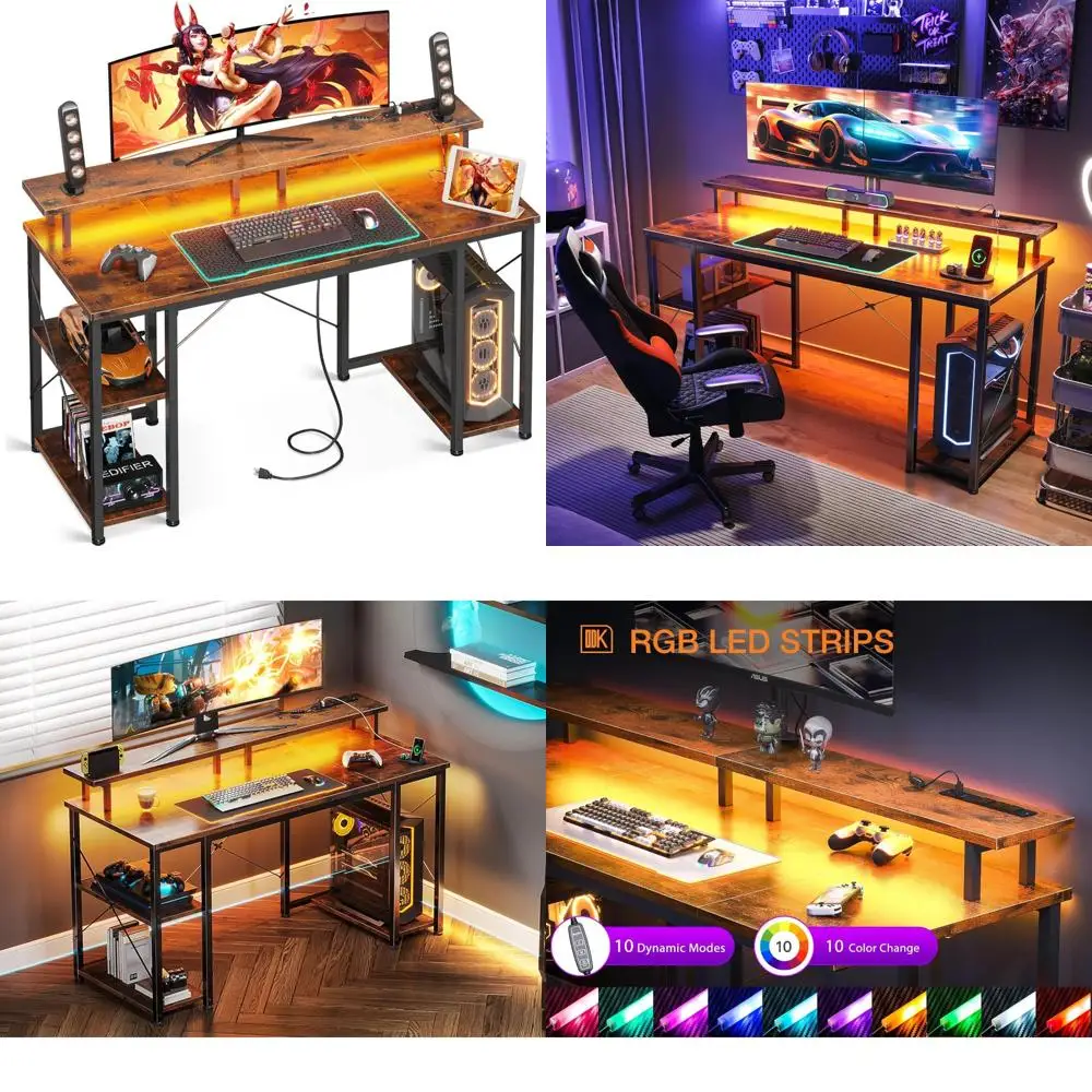 

48 Inch LED Gaming Desk with Power Outlets, Monitor Stand, Storage Shelves and CPU Stand for Home Office