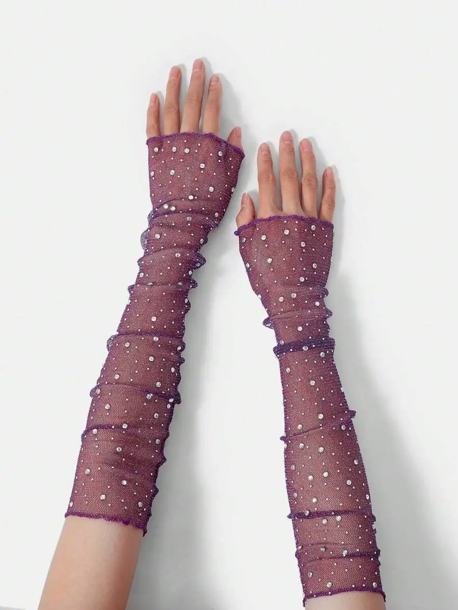 

Womens Sheer Mesh Arm Sleeves With Crystal Rhinestone Decoration