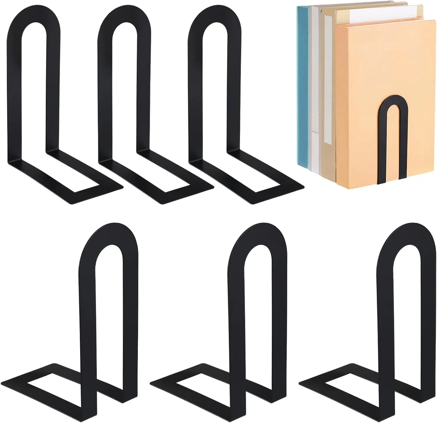 

6 Pcs Black Modern Metal Book Ends for Shelves Decorative Book Shelf Organizer Minimalist Design