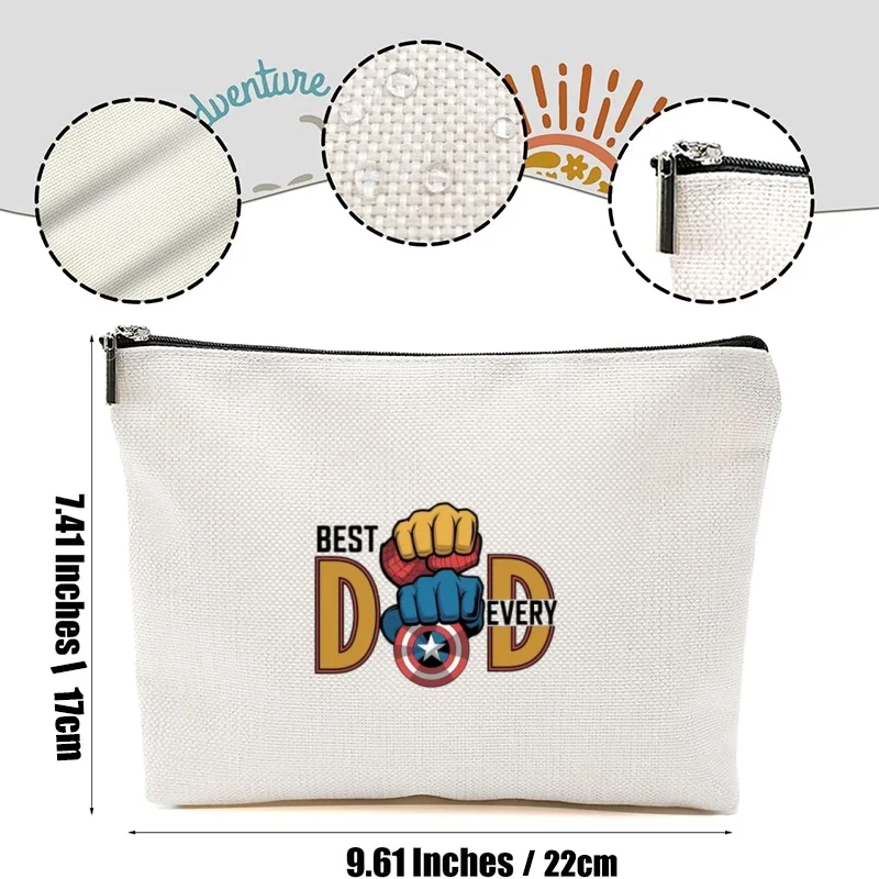 1 bolsa de maquillaje de lona con diseño de superhéroe, el mejor papá del mundo, estuche cosmético con estampado de doble cara, bolsa de viaje para artículos de aseo, regalo para el Día del Padre