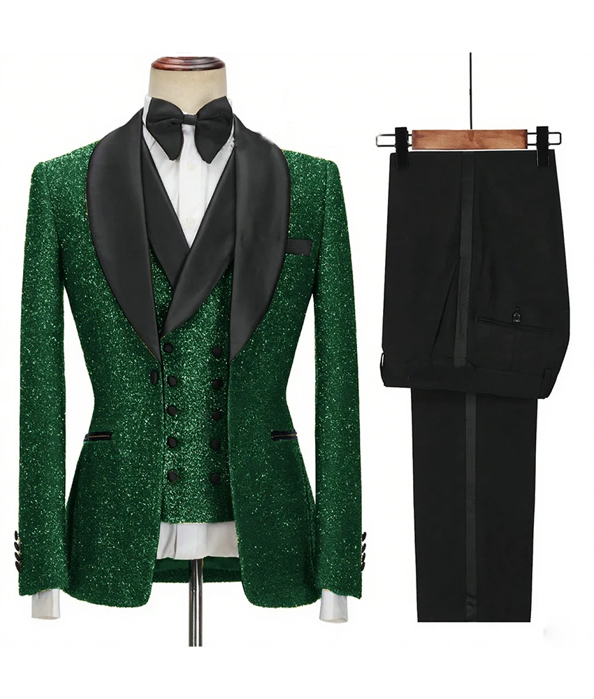 

High Quality Sequined Suit three-piece (Blazer+Vest+Pants ) color-blocked stage performance dinner men's slim-fit formal wear