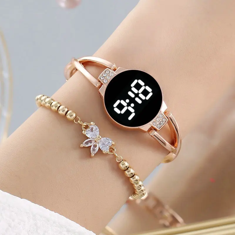 نمط جديد LED أزياء سيدة ووتش اللمس المرأة الزخرفية الصلب الفرقة الإلكترونية طالب أنثى ساعات يد