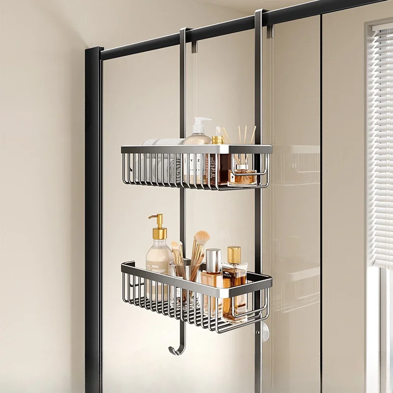 Stylish and Practical Gun Grey Bathroom Shelf and Shower Caddy for Glass Door Partition