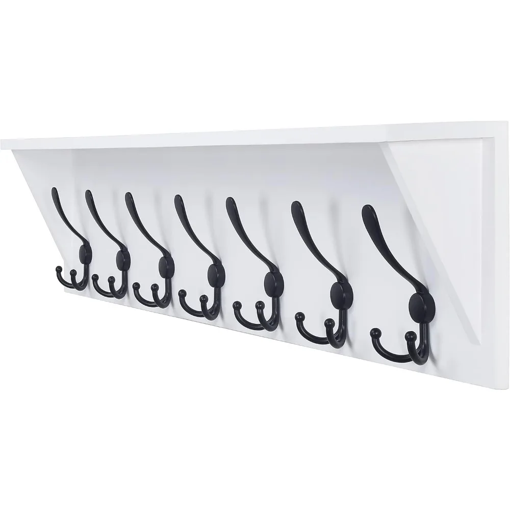 

Hat rack wall mounted shelf, with 7 three hook 35 inch heavy-duty wooden entrance shelves, with hooks, white