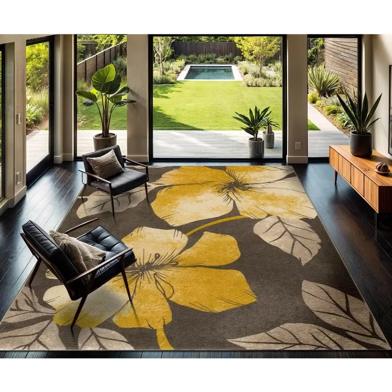 Solana-Tapis à fleurs modernes, coordonnants, support en caoutchouc, jaune, marron, intérieur