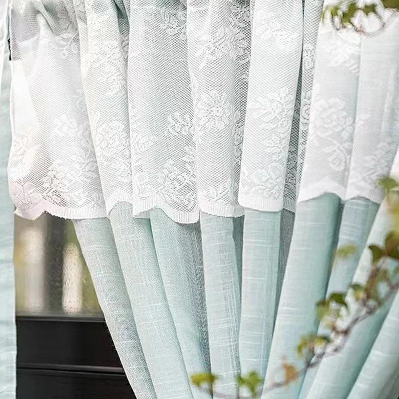 Small Fresh Solid Color Bamboo Linen Lace Coffee Curtain Cabinet Wardrobe Blocking Door Curtain Window Short Curtain Finished