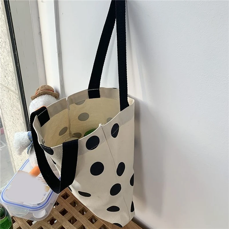 2024 Fashion Harajuku Solid Color Canvas Small Shopper Bag Women\'s Ulzzang Bag Black Large Capacity Polka Dots Shoulder Bag