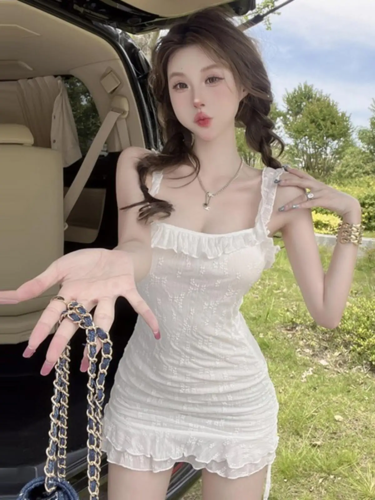 Sweet Lace Trim Square Ne Dstring Strapl Dr Slim Fit Summer Faionable Women's Dr Travel Suitable Casual Dr