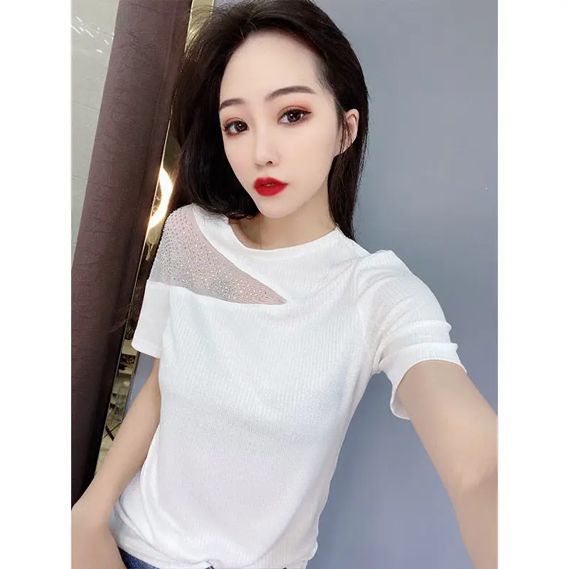 Hot drilling Short T-shirt 2022 New Summer Women Sexy Lace Dew Shoulder Short Sleeves T Shirt Female Fashion O-Neck  Tee Top