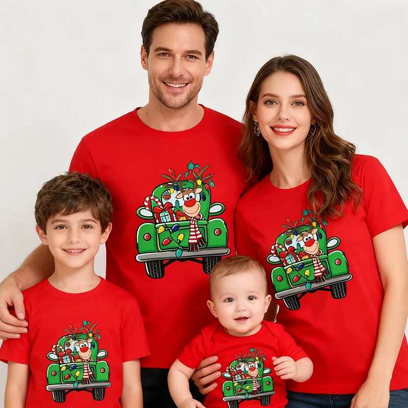 

New Year Adult Kids T-shirt Baby Romper Short Sleeve Cotton Cartoon Print Christmas Clothes Father Mother Son Daughter Clothes