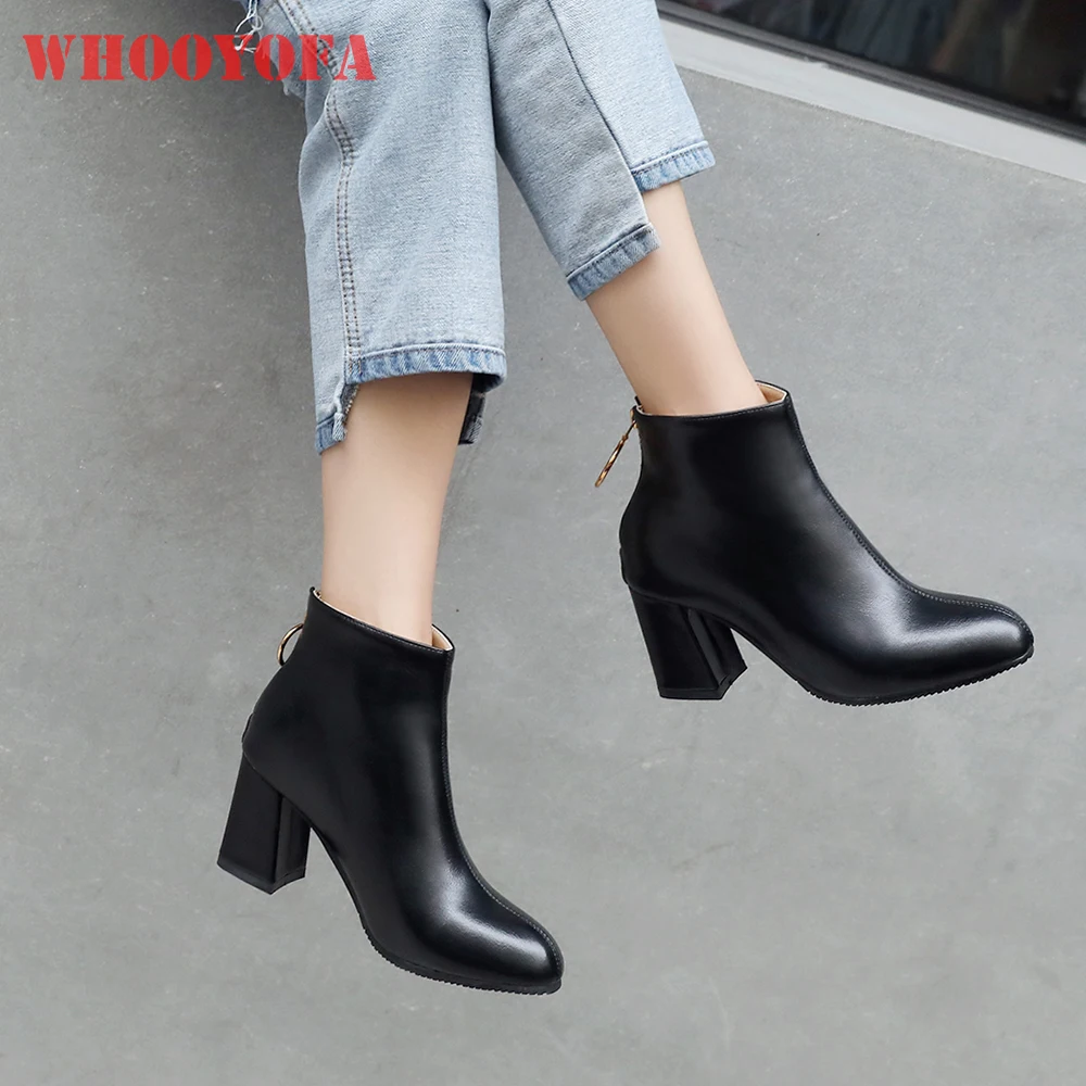 

New Winter Elegant Black Beige Women Ankle Boots Round Toe High Block Heels Lady Nude Shoes Plus Small Big Size 11 32 43 46