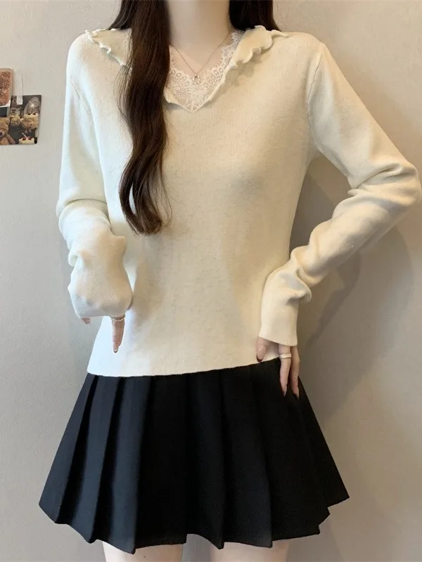 

Lace Wood Ear V-ne Long Sve Knitted Sweater Women's plus Size Base Layer Irregular Top Spring 2026 Casual Sle