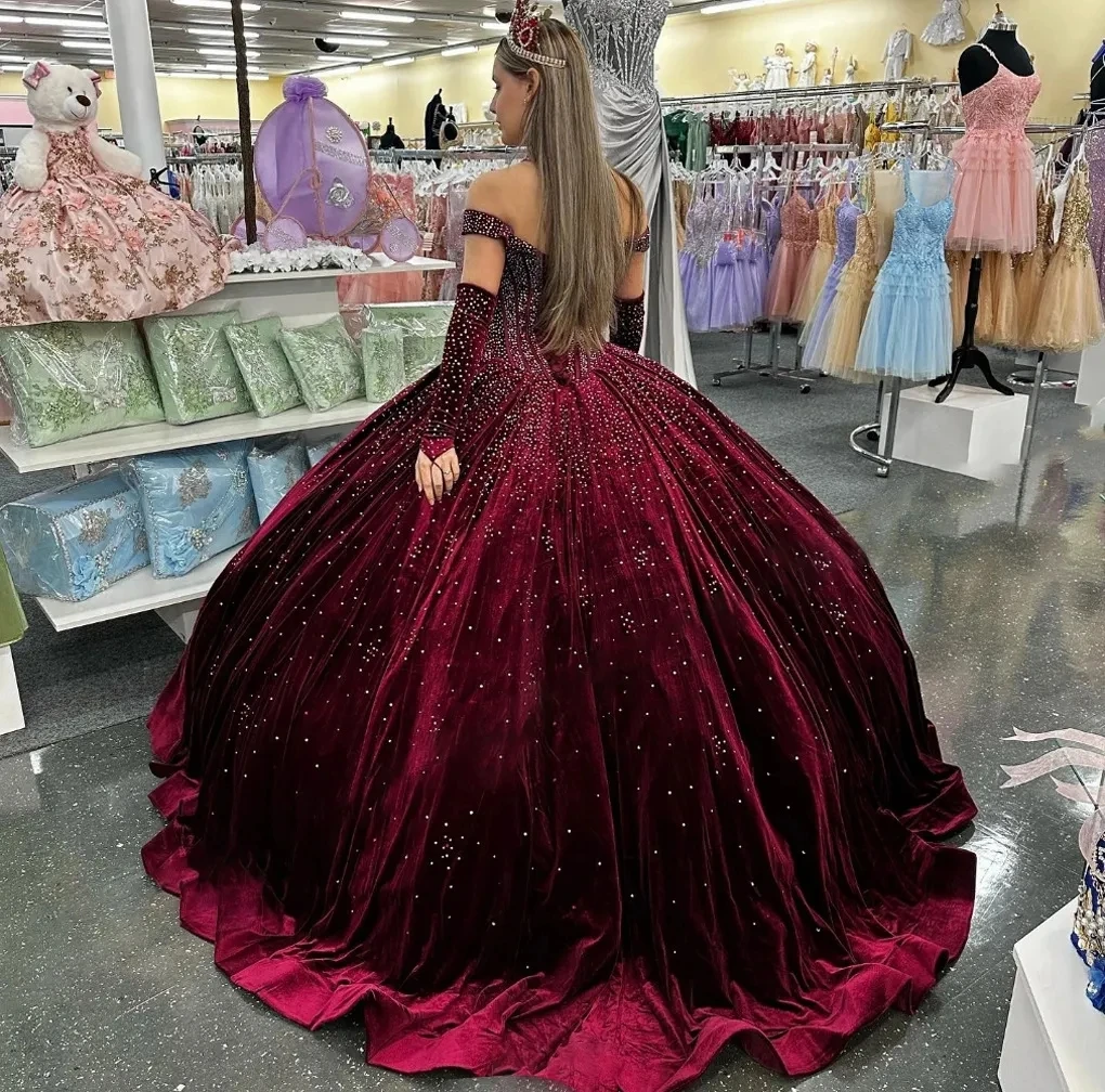 Robe de Quinceanera bourgogne avec perles en cristal et velours, robe de princesse, corset, boule, tout anniversaire, hors-initié, nouveau, 2025