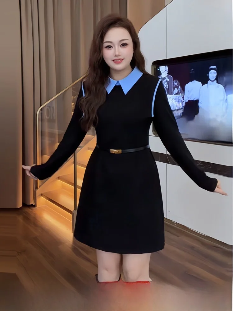 

Faionable Large Size Winter Dr Korean Sle A-Line Skirt with Belt High Waist Long Sve Color Blo Commute Friendly