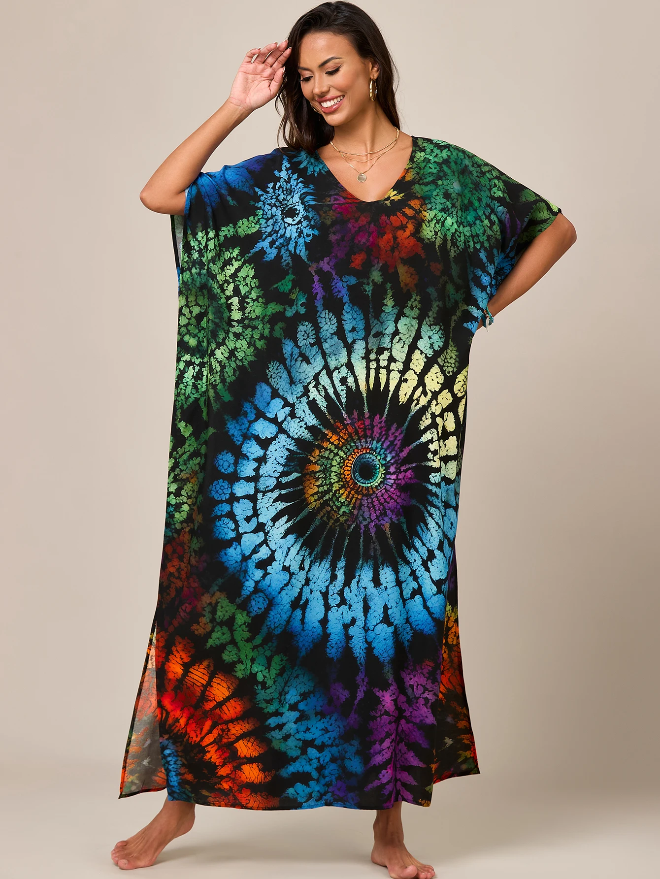 여성 여름 에스닉 스타일 카프탄 - 비키니 및 라운지웨어용 브이넥 사이드 슬릿 리조트 커버업 드레스