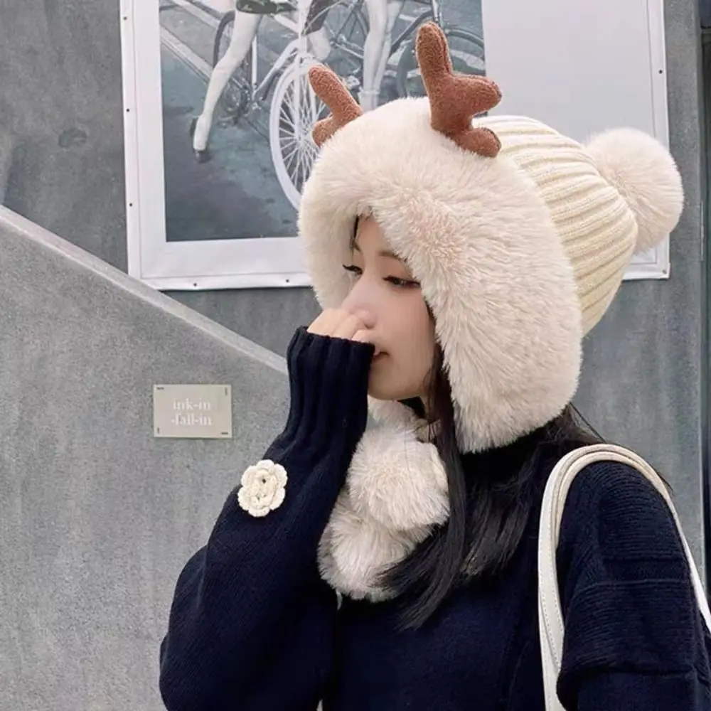 Cute Warm Plush Antler Hat Winter Fluffy Velvet Bucket Hat Soft Thickened Ear Protection Hat Women