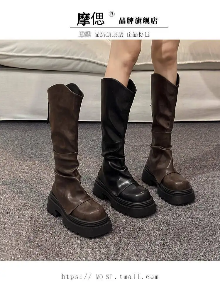 Fleece-lined Warm Boots Women 2025 Autumn Winter New Women's Thick Soled Knee High Boots Slim Fit V Cut Wide Calf Rider Boots