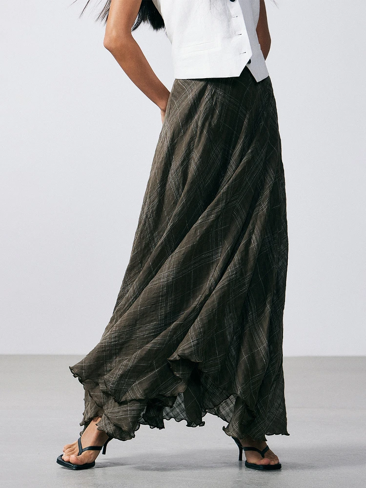 

THORNSAURA Linen A-Line Midi Skirt Women's Plaid Half Skirt Regular Thickness Summer Collection mid Waist Design