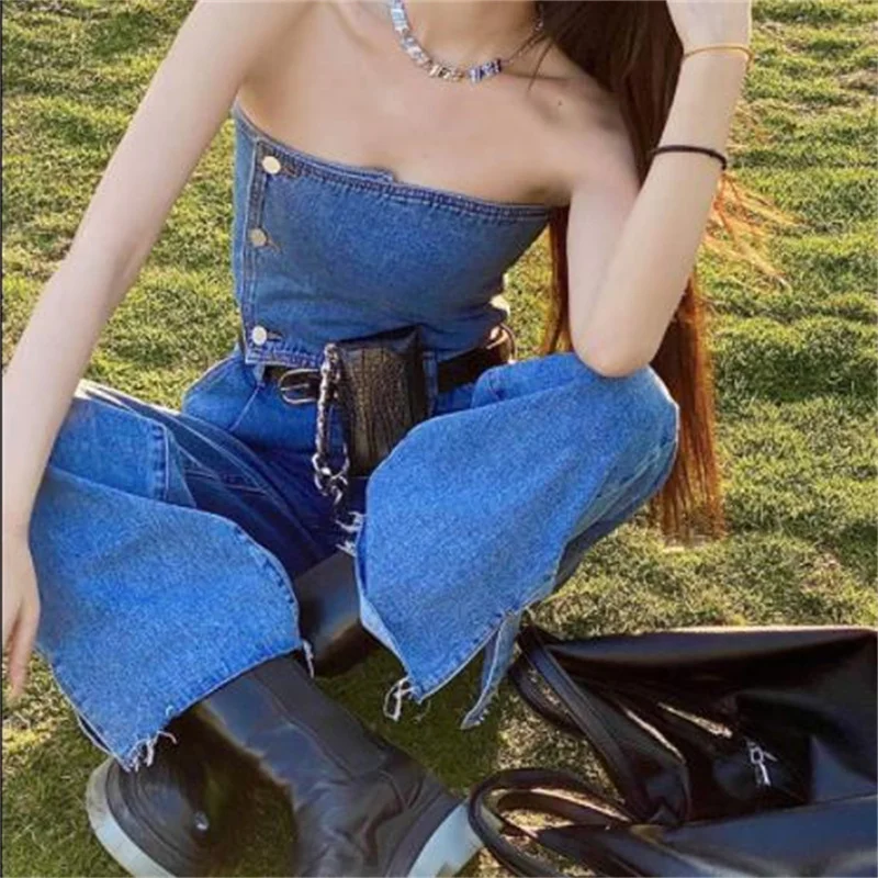 

High-waisted tube top jeans jumpsuit women's summer loose design wide-leg pants denim trousers romper