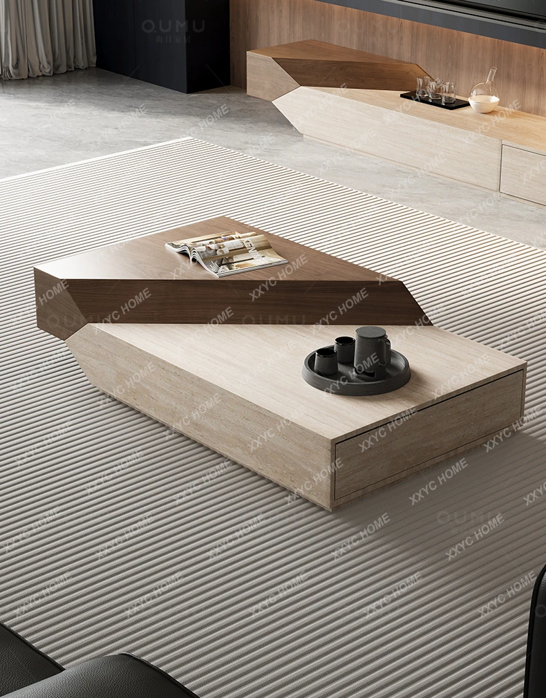 

AATracks Травертиновый журнальный столик из каменной плиты, светильник, роскошный высококачественный журнальный столик из орехового дерева для гостиной, домашний бревенчатый минималистичный чайный столик