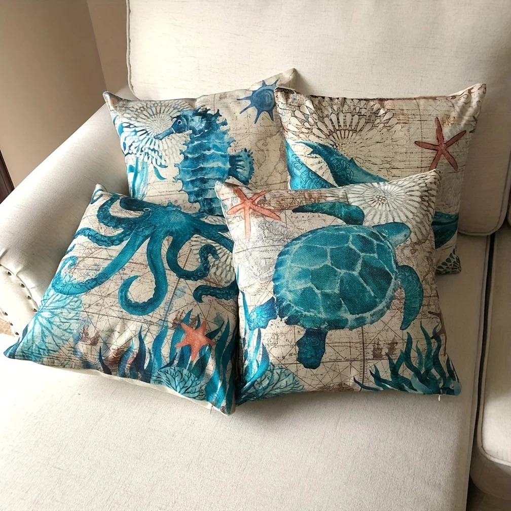 1pc Cove Single Side Square CushionCovers Seahorse Whale Starfish Turtle Blue Ocean Square Throw PillowCover Linen Material