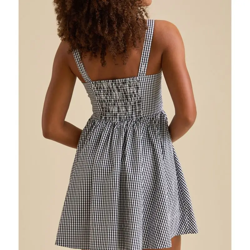 Combhasaki Abito estivo da donna con stampa scozzese senza maniche con fiocco e scollo a cuore, smock, senza schienale, corto, con volant, fluido, a trapezio