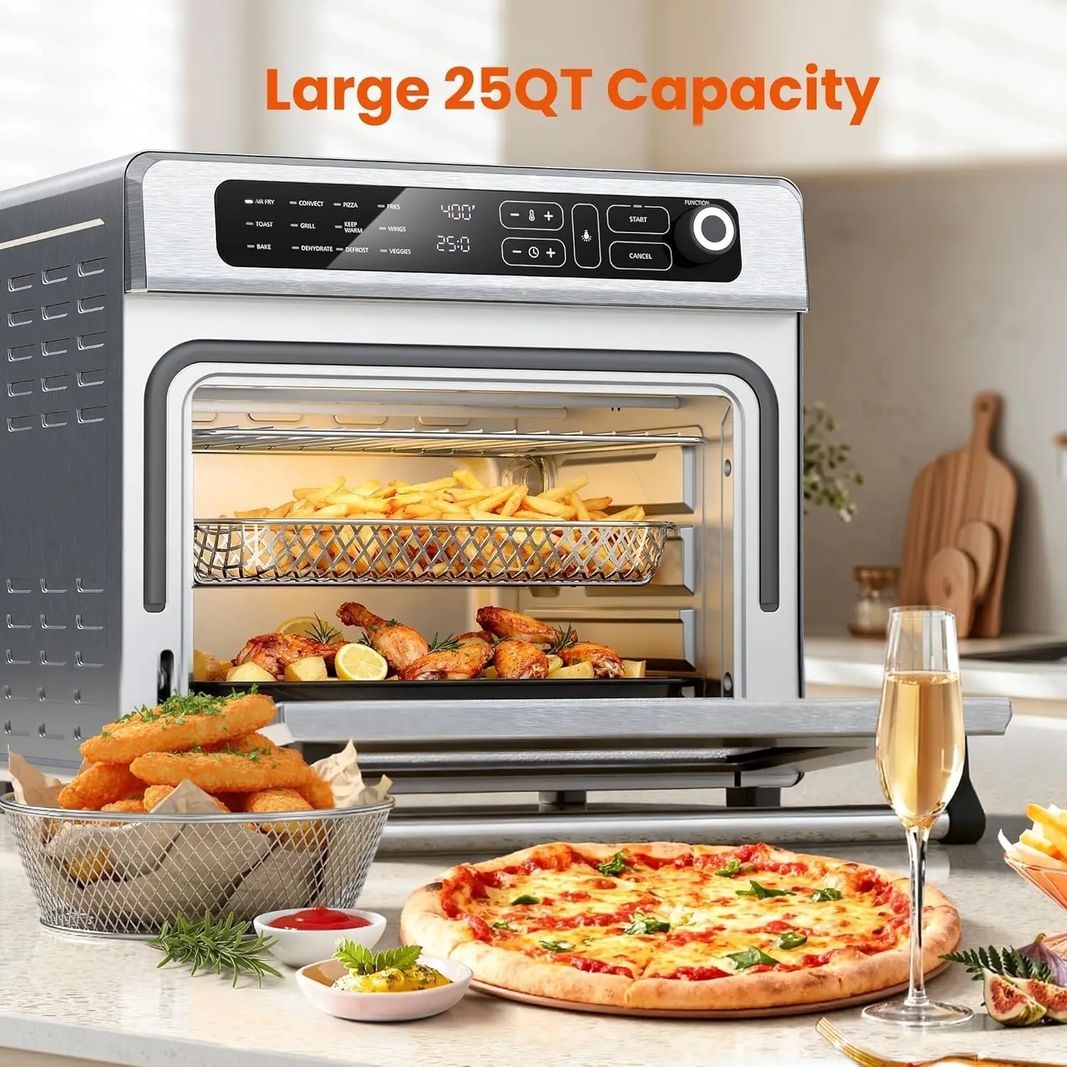 25-Quart Air Fryer & Toaster Oven Combo, 12-in-1 Large Convection Oven with 60-Minute Timer and Adjustable Temperature Range 70–