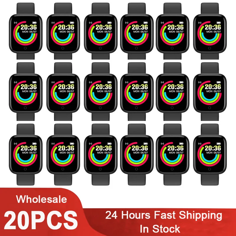 Wholesale 20Pcs Smartwatch D20 Men Women Smart Watch Y68 Fitness Tracker Sport Heart Rate Monitor Wristwatch Pro for IOS Android