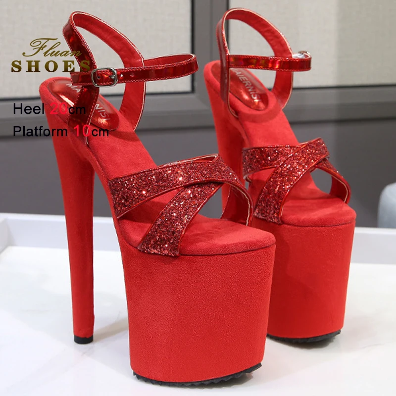 

Summer Sexy Red Sequin Women's Sandals Thin Heels 20cm Platform 10cm Round Toe Ankle Buckle Cross Tie Straps Ladies Party Shoes