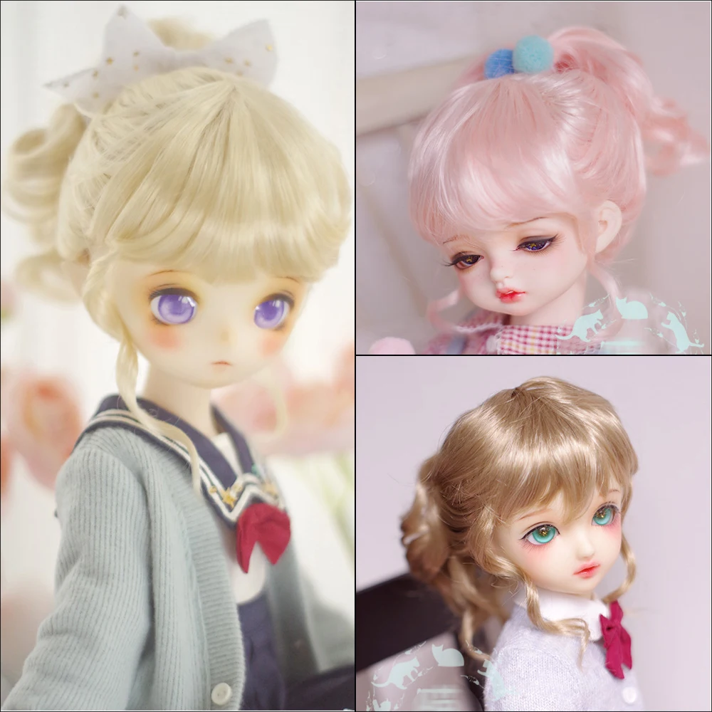 

Cute lady wig 1/3 1/4 1/6 1/8 MilkTea Brown/Pink/Light Blonde High Ponytail Curly hair DD MSD yosd Imitation Mohair BJD Doll Wig