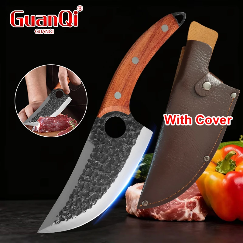 Boning Knife Forged Wood Handle Sharp Butcher Knife Stainless Steel Meat Cleaver Fruit Peeler with Leather Sheath for Cooking