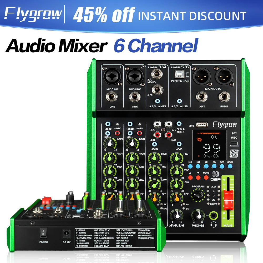 Flygrow PR6 6-Channel Audio Mixer,Built-in Recording Card Function,BT,USB Playback,3-stage EQ,99 Mixing Effects,Mixer Console