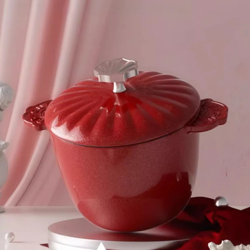Stylish Red Enameled Cast Iron Soup Pot Rust-Resistant Healthy Glaze Kitchen Gift Set Gas Stove Compatible Good-Looking Cookware