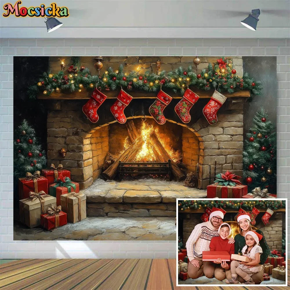 

Mocsicka Christmas Fireplace Photography Backdrops Xmas Socks Gift Box Family Portrait Photo Background Studio Photo Shoot Props