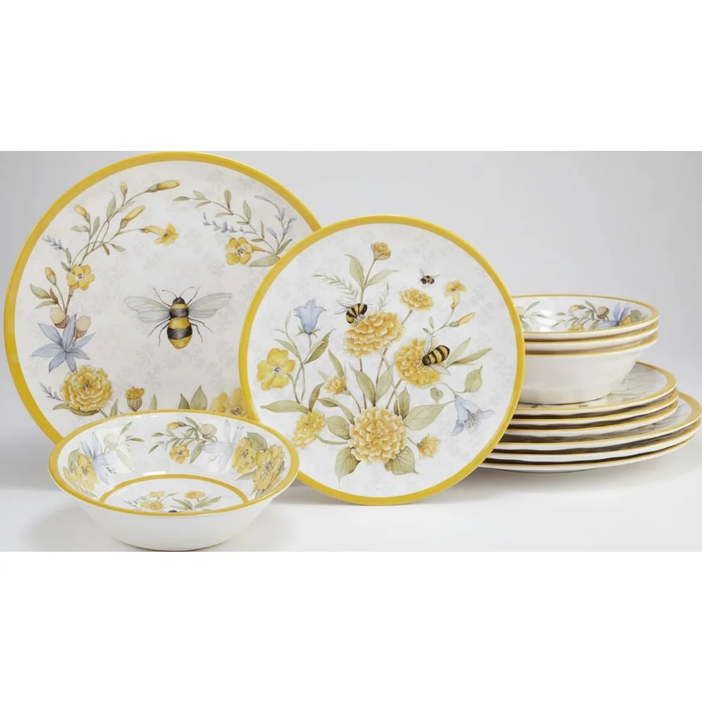 

12-Piece Melamine Dinnerware Set for 4, Bee Floral Design Outdoor Tableware Shatterproof Lightweight