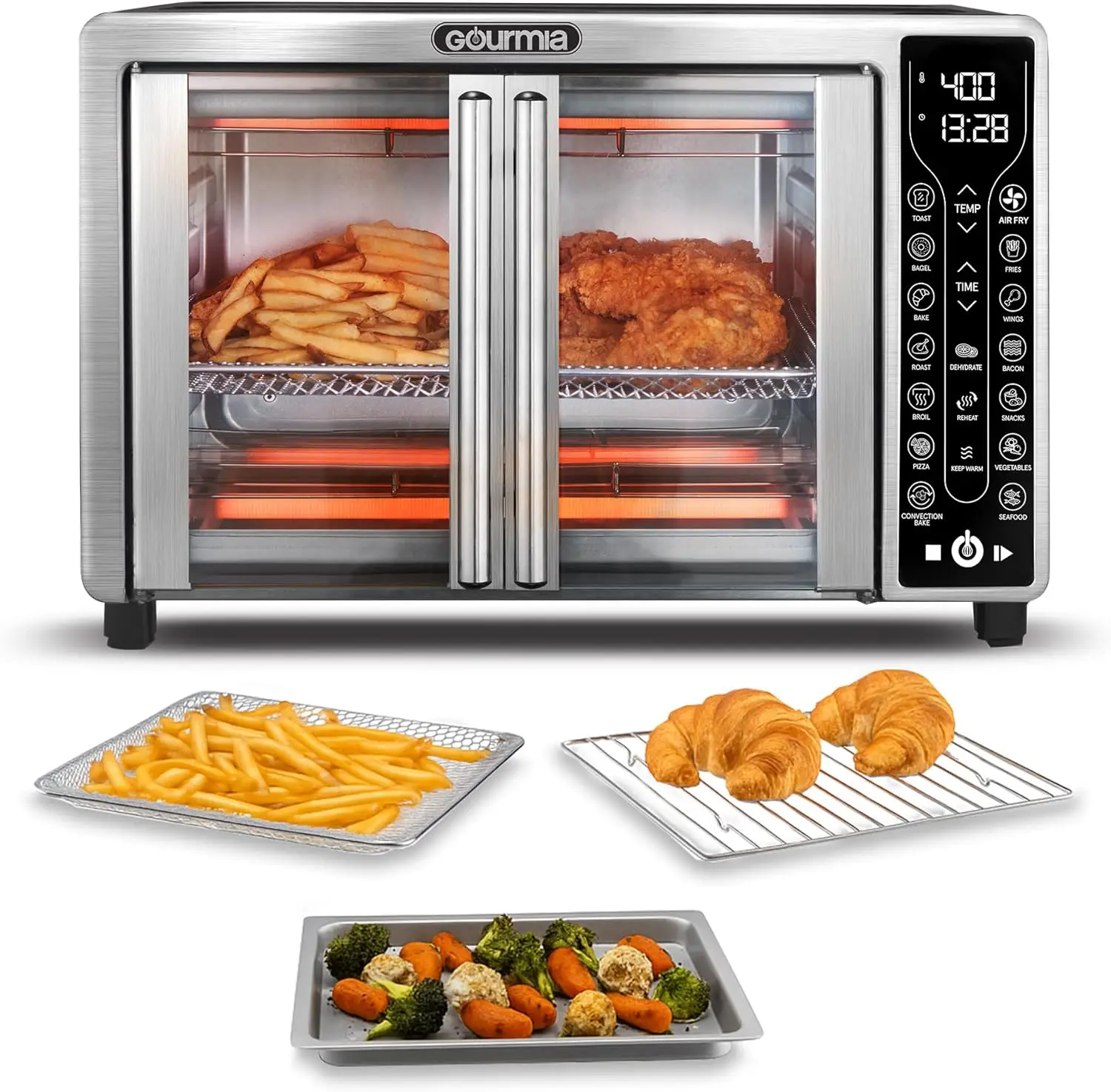 

French Door Air Fryer Toaster Oven - 6-Slice Capacity, FryForce 360°, Digital Display with 17 Cooking Presets, Stainless Steel