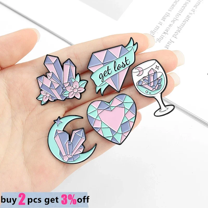 Custom Pink Crystal Shape Enamel Pins Moon Heart Goblet Backpack Brooches Badges Accessories Jewely Gifts for Friends Wholesale