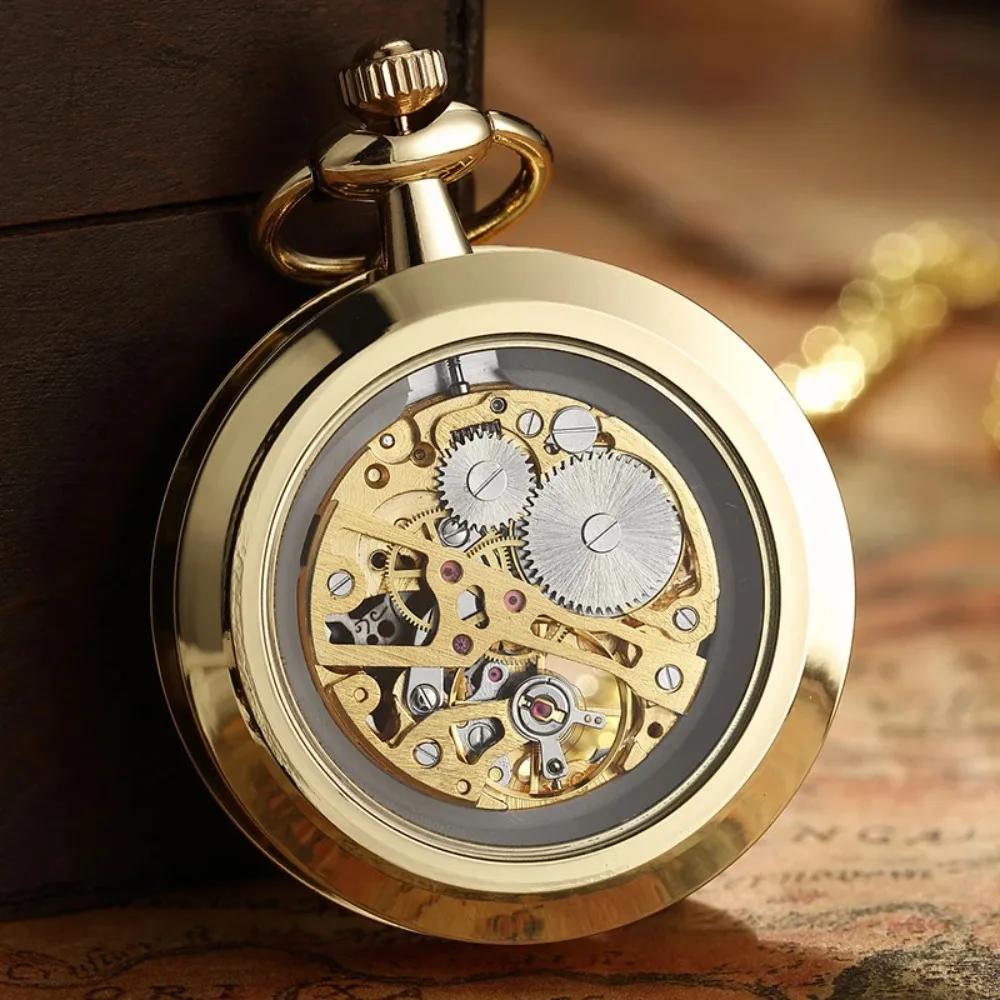 Gold Unisex Mechanical Fob Pocket WatchVintage Watch Necklace Steampunk Skeleton Mechanical Fob Hand-winding Men Women Clock